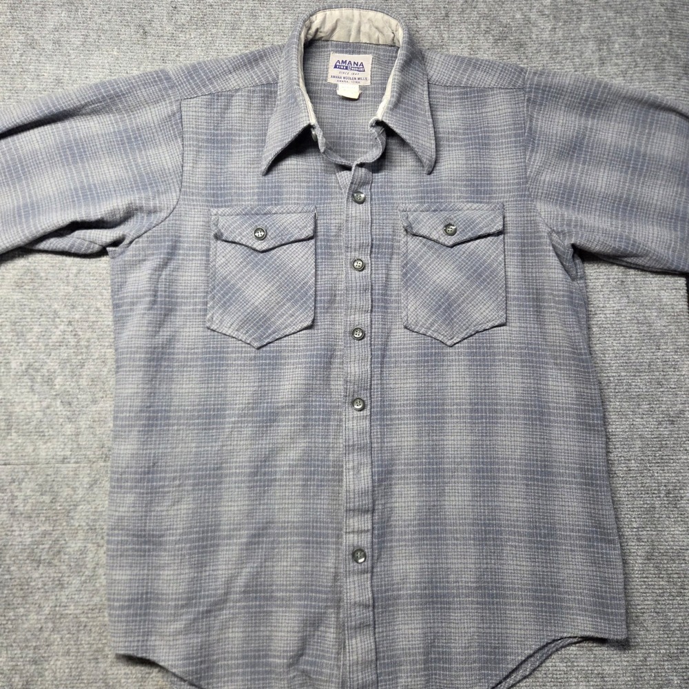 Vintage Amana Woolen Mills Blue Plaid Wool Blend Shirt Mens Medium Made in USA